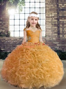 Graceful Ball Gowns Child Pageant Dress Gold Straps Fabric With Rolling Flowers Sleeveless Floor Length Lace Up