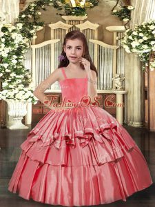 Coral Red Lace Up Straps Ruffled Layers Pageant Gowns For Girls Taffeta Sleeveless