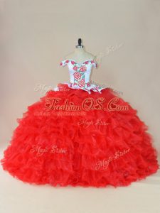 White And Red Sleeveless Embroidery and Ruffles Lace Up Sweet 16 Quinceanera Dress