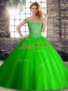 Trendy Green Quinceanera Gown Military Ball and Sweet 16 and Quinceanera with Beading Off The Shoulder Sleeveless Brush Train Lace Up