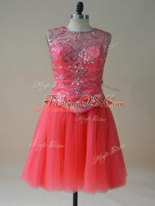 Exceptional Sleeveless Mini Length Beading Lace Up Military Ball Gowns with Coral Red