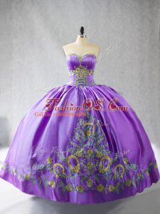 Eye-catching Sleeveless Satin Floor Length Lace Up Vestidos de Quinceanera in Lavender with Embroidery