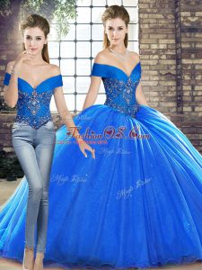 Customized Royal Blue Two Pieces Off The Shoulder Sleeveless Organza Brush Train Lace Up Beading Sweet 16 Quinceanera Dress