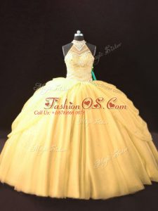 Gold Sleeveless Beading and Pick Ups Floor Length Quinceanera Dress