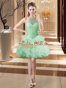 Shining Halter Top Sleeveless Homecoming Dress Mini Length Beading and Ruffles Apple Green Tulle