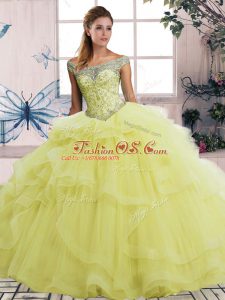 Yellow Lace Up Off The Shoulder Beading and Ruffles 15 Quinceanera Dress Tulle Sleeveless