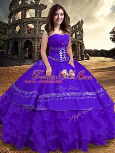Discount Sleeveless Floor Length Embroidery and Ruffles Lace Up Sweet 16 Quinceanera Dress with Purple
