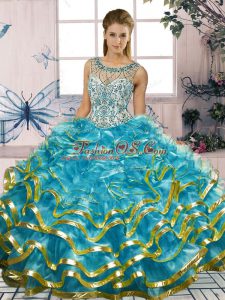 Best Selling Blue Ball Gowns Beading and Ruffles Quinceanera Gowns Lace Up Organza Sleeveless Floor Length