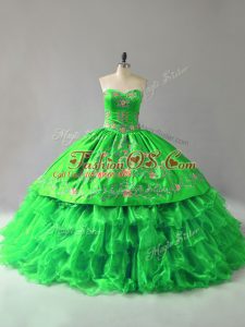 Low Price Sweetheart Lace Up Embroidery and Ruffles Quince Ball Gowns Sleeveless