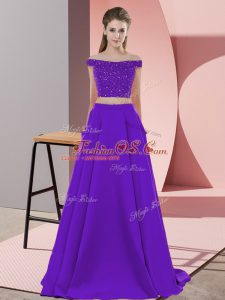 Great Purple Sleeveless Sweep Train Beading Mother Of The Bride Dress