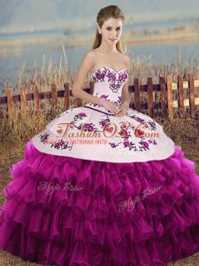 Organza Sweetheart Sleeveless Lace Up Embroidery and Ruffled Layers and Bowknot Quinceanera Gown in Fuchsia