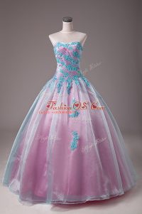 Light Blue Lace Up Quinceanera Gowns Appliques Sleeveless Floor Length