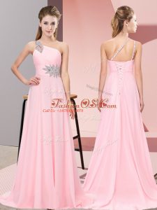 Side Zipper Prom Party Dress Baby Pink for Prom and Party and Military Ball with Beading Brush Train