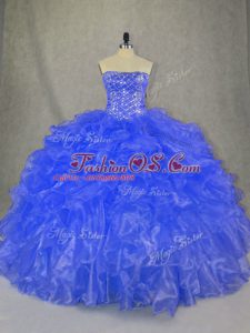 Eye-catching Blue Quince Ball Gowns Sweet 16 and Quinceanera with Beading and Ruffles Strapless Sleeveless Lace Up