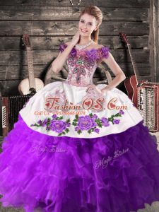 Purple Ball Gowns Off The Shoulder Sleeveless Organza Floor Length Lace Up Embroidery Quinceanera Gowns