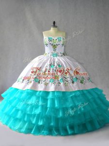 Stylish Blue And White Ball Gowns Organza Sweetheart Sleeveless Embroidery and Ruffled Layers Floor Length Lace Up Quinceanera Gown
