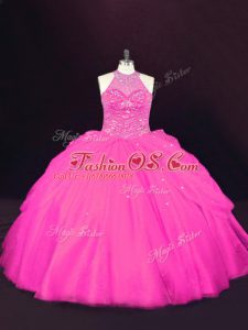 Halter Top Sleeveless Lace Up Ball Gown Prom Dress Hot Pink Tulle
