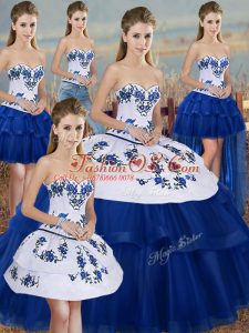 Cute Sleeveless Floor Length Embroidery and Bowknot Lace Up Quinceanera Dresses with Royal Blue