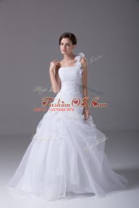 White Organza Lace Up One Shoulder Sleeveless Bridal Gown Brush Train Hand Made Flower
