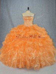 Strapless Sleeveless 15th Birthday Dress Floor Length Beading and Ruffles Orange Organza