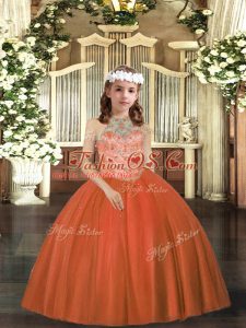 Cheap Rust Red Ball Gowns Tulle Halter Top Sleeveless Beading Floor Length Lace Up Girls Pageant Dresses