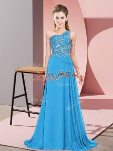 Pretty Blue Empire Beading Prom Dress Side Zipper Chiffon Sleeveless Floor Length