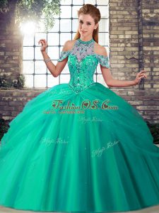 Turquoise Sleeveless Tulle Brush Train Lace Up Vestidos de Quinceanera for Military Ball and Sweet 16 and Quinceanera