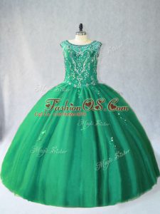 Green Ball Gowns Tulle Scoop Sleeveless Beading Floor Length Lace Up Ball Gown Prom Dress