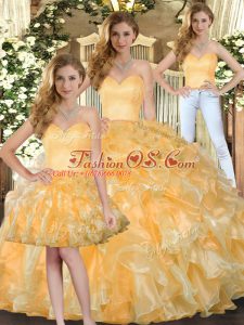 Fancy Floor Length Three Pieces Sleeveless Gold Quinceanera Dresses Lace Up