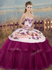 Sleeveless Floor Length Embroidery and Bowknot Lace Up 15th Birthday Dress with Fuchsia