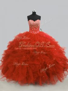 High Class Rust Red Tulle Lace Up Sweetheart Sleeveless Floor Length Ball Gown Prom Dress Beading and Ruffles