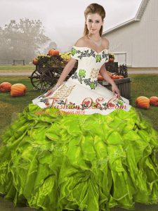 Fashion Olive Green Quinceanera Gowns Military Ball and Sweet 16 and Quinceanera with Embroidery and Ruffles Off The Shoulder Sleeveless Lace Up