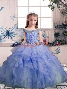 Superior Lavender Lace Up Off The Shoulder Beading and Ruffles Kids Formal Wear Organza Sleeveless