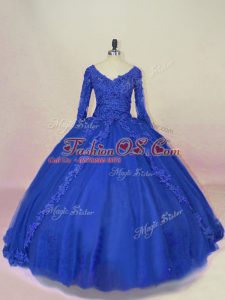 Sweet V-neck Long Sleeves Quinceanera Dress Lace and Appliques Royal Blue Tulle