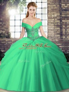 Sweet Turquoise Sleeveless Tulle Brush Train Lace Up Ball Gown Prom Dress for Military Ball and Sweet 16 and Quinceanera