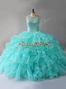 Sleeveless Organza Floor Length Lace Up 15th Birthday Dress in Aqua Blue with Beading and Ruffles