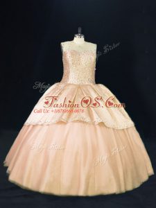 Floor Length Ball Gowns Sleeveless Peach 15 Quinceanera Dress Lace Up