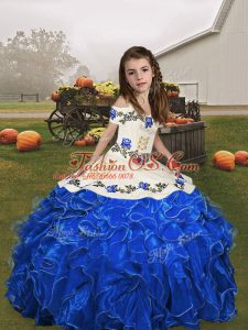 Royal Blue Child Pageant Dress Party and Wedding Party with Embroidery and Ruffles Straps Sleeveless Lace Up