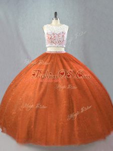 Sleeveless Floor Length Beading Zipper Quince Ball Gowns with Rust Red