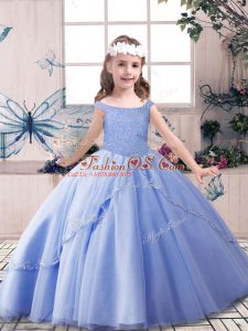Blue Sleeveless Floor Length Beading Lace Up Little Girl Pageant Gowns
