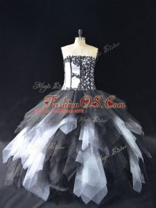 White And Black Strapless Neckline Lace and Ruffles Ball Gown Prom Dress Sleeveless Lace Up