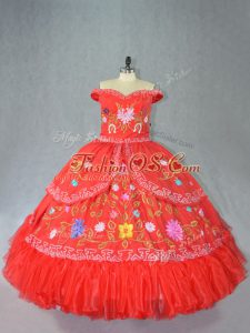 Floor Length Lace Up Sweet 16 Dress Red for Sweet 16 and Quinceanera with Embroidery