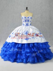 Unique Blue And White Lace Up Quinceanera Gowns Embroidery and Ruffled Layers Sleeveless Floor Length
