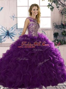 Ball Gowns Vestidos de Quinceanera Purple Scoop Organza Sleeveless Floor Length Lace Up
