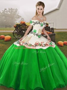 Custom Made Green Organza Lace Up Off The Shoulder Sleeveless Floor Length Quinceanera Gowns Embroidery