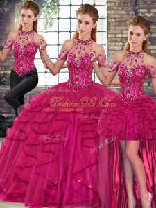 Sexy Sleeveless Floor Length Beading and Ruffles Lace Up Sweet 16 Quinceanera Dress with Fuchsia