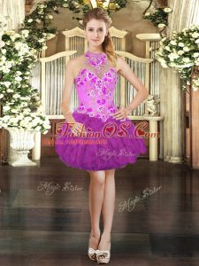 Fuchsia Ball Gowns Tulle Halter Top Sleeveless Embroidery and Ruffles Mini Length Lace Up Homecoming Dress