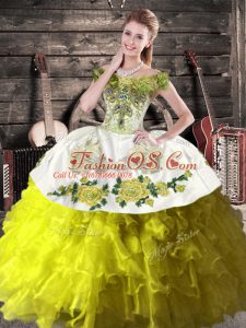 Olive Green Lace Up Off The Shoulder Ruffles Quinceanera Dress Organza Sleeveless