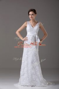 Noble Sleeveless Brush Train Lace and Belt Backless Bridal Gown