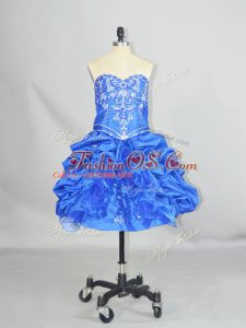 Mini Length Blue Celebrity Evening Dresses Organza and Taffeta Sleeveless Beading and Ruffles and Pick Ups
